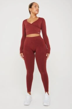 Tala SCULPT SEAMLESS WRAP LONG SLEEVE CROP TOP - OXBLOOD RED MARL