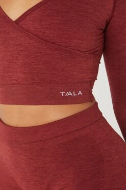 Tala SCULPT SEAMLESS WRAP LONG SLEEVE CROP TOP - OXBLOOD RED MARL -Sportswear Store 20221115 Tala 05 024