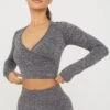 Tala SCULPT SEAMLESS WRAP LONG SLEEVE CROP TOP - CHARCOAL MARL
