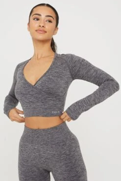 Tala SCULPT SEAMLESS WRAP LONG SLEEVE CROP TOP - CHARCOAL MARL