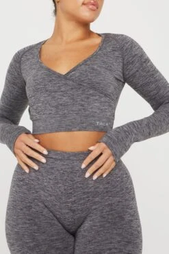 Tala SCULPT SEAMLESS WRAP LONG SLEEVE CROP TOP - CHARCOAL MARL -Sportswear Store 20221115 Tala 16 015
