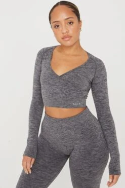 Tala SCULPT SEAMLESS WRAP LONG SLEEVE CROP TOP - CHARCOAL MARL -Sportswear Store 20221115 Tala 16 021