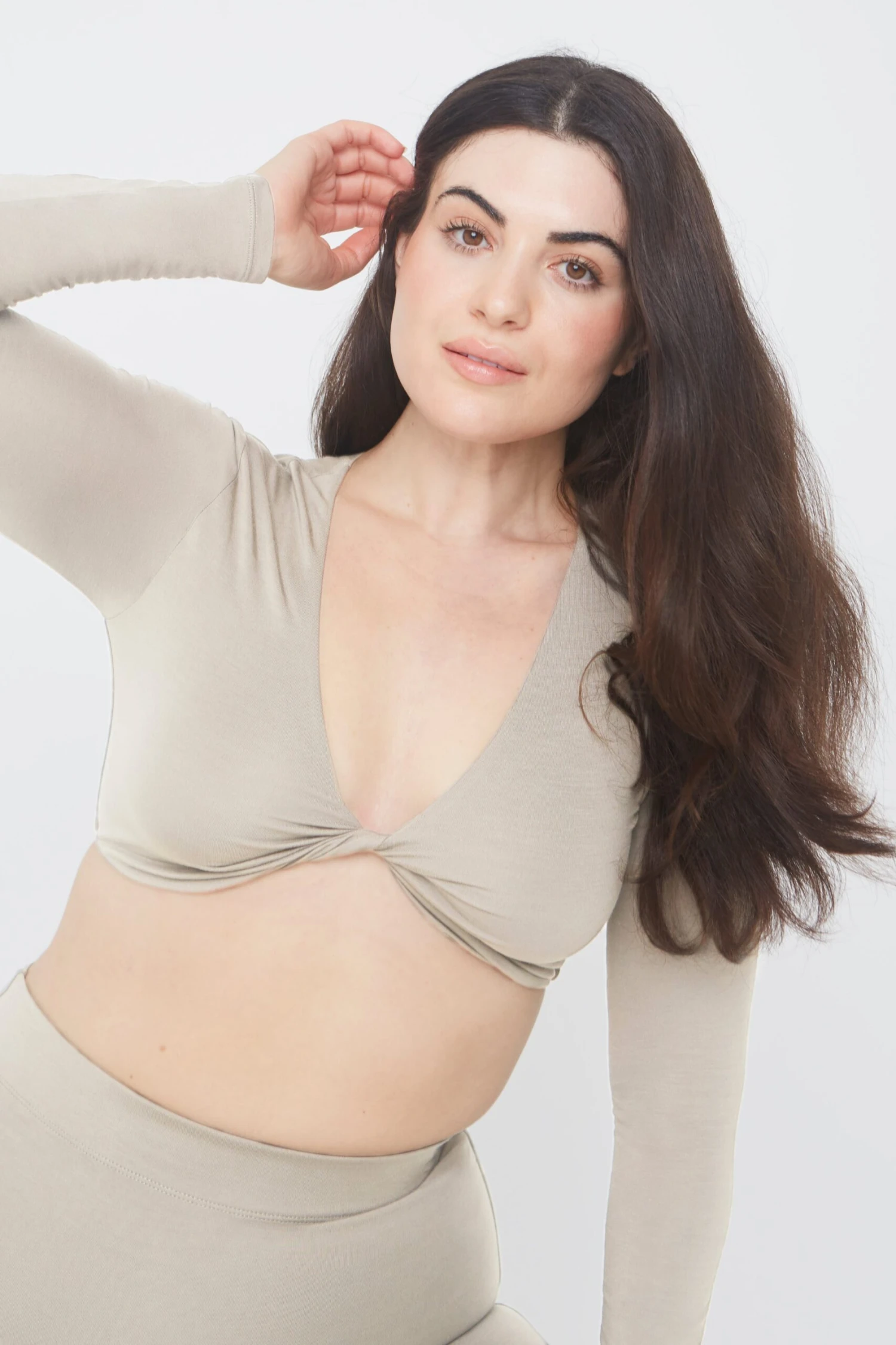 Tala 365 TWIST FRONT LONG SLEEVE CROP TOP - SAND 1 Tala 365 TWIST FRONT LONG SLEEVE CROP TOP - SAND