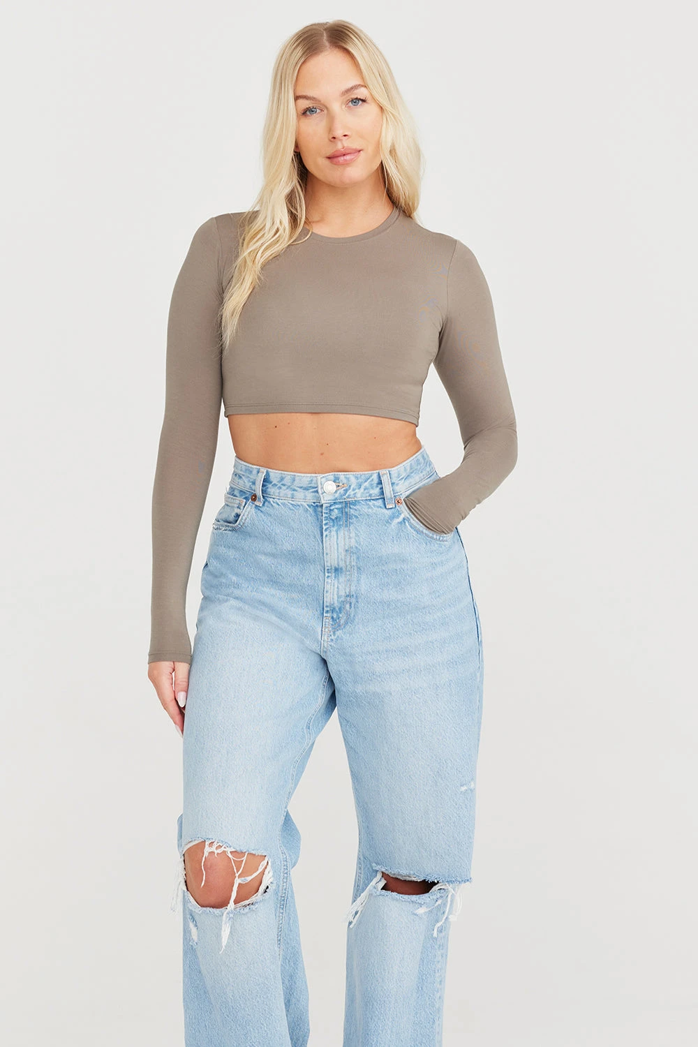 Tala 365 LONG SLEEVE CROP TOP - VINTAGE KHAKI 4 Tala 365 LONG SLEEVE CROP TOP - VINTAGE KHAKI - Image 4