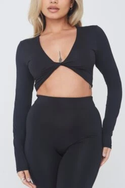 Tala 365 TWIST FRONT LONG SLEEVE CROP TOP - SHADOW BLACK