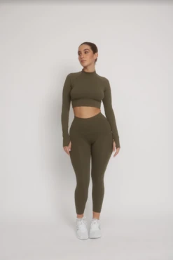 Tala DAYFLEX MOCK NECK CROP LONG SLEEVE TOP - ARMY GREEN