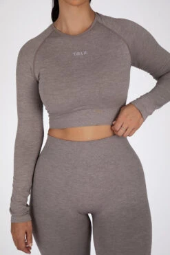 Tala SCULPT SEAMLESS LONG SLEEVE CROP TOP - TAUPE MARL