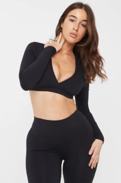 Tala DAYFLEX WRAP LONG SLEEVE CROP TOP - SHADOW BLACK