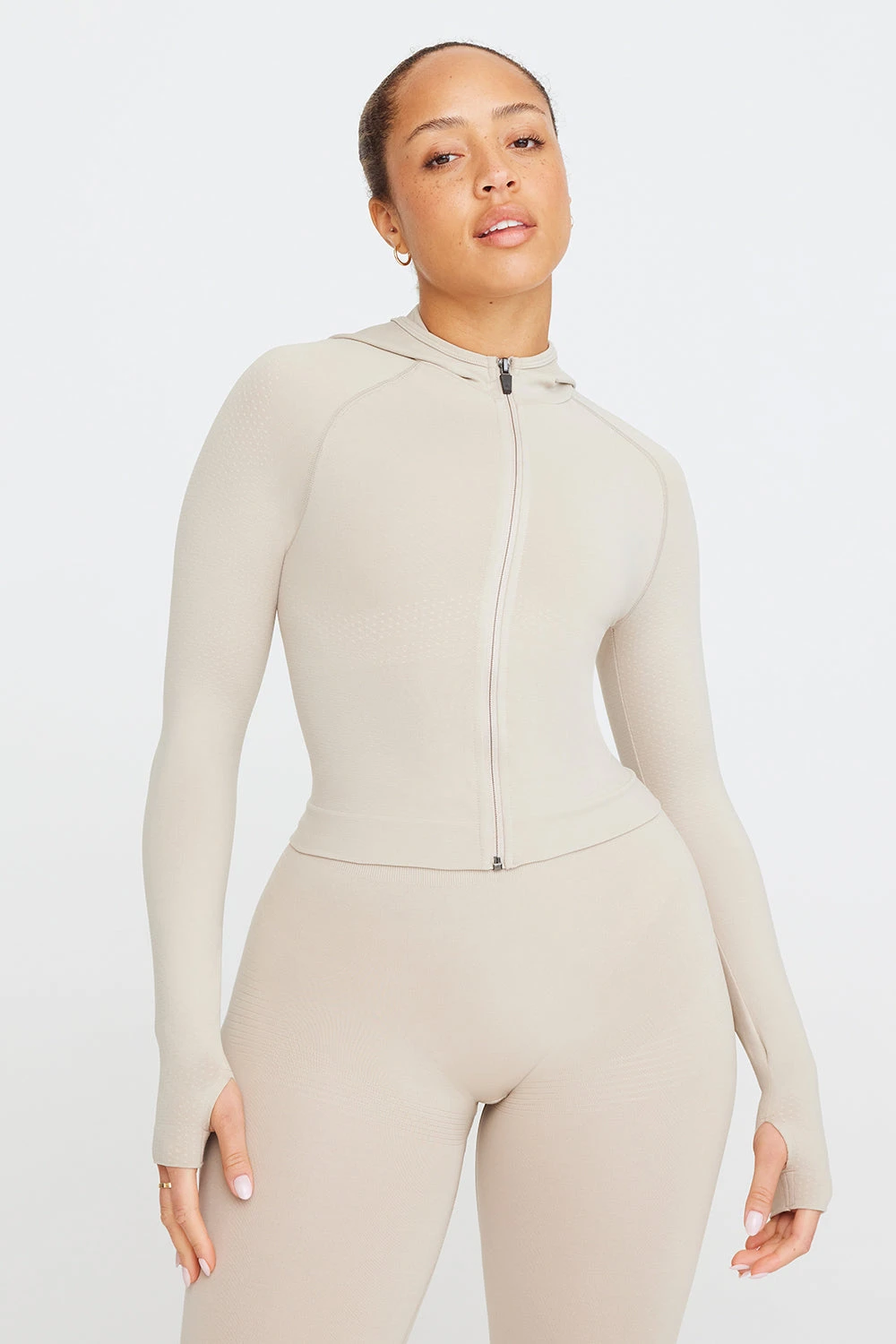 Tala SCULPT SEAMLESS ZIP THROUGH HOODIE JACKET- CHAI MARL 1 Tala SCULPT SEAMLESS ZIP THROUGH HOODIE JACKET- CHAI MARL