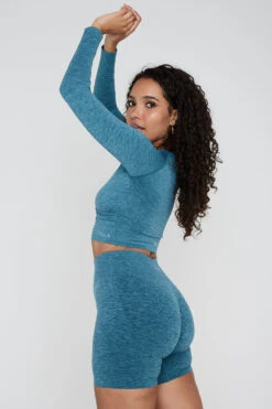 Tala SCULPT SEAMLESS WRAP LONG SLEEVE CROP TOP - TEAL GREEN MARL -Sportswear Store tesho3copy 1